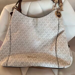 Michael Kors White and Brown Shoulder Bag with Monogram Pattern